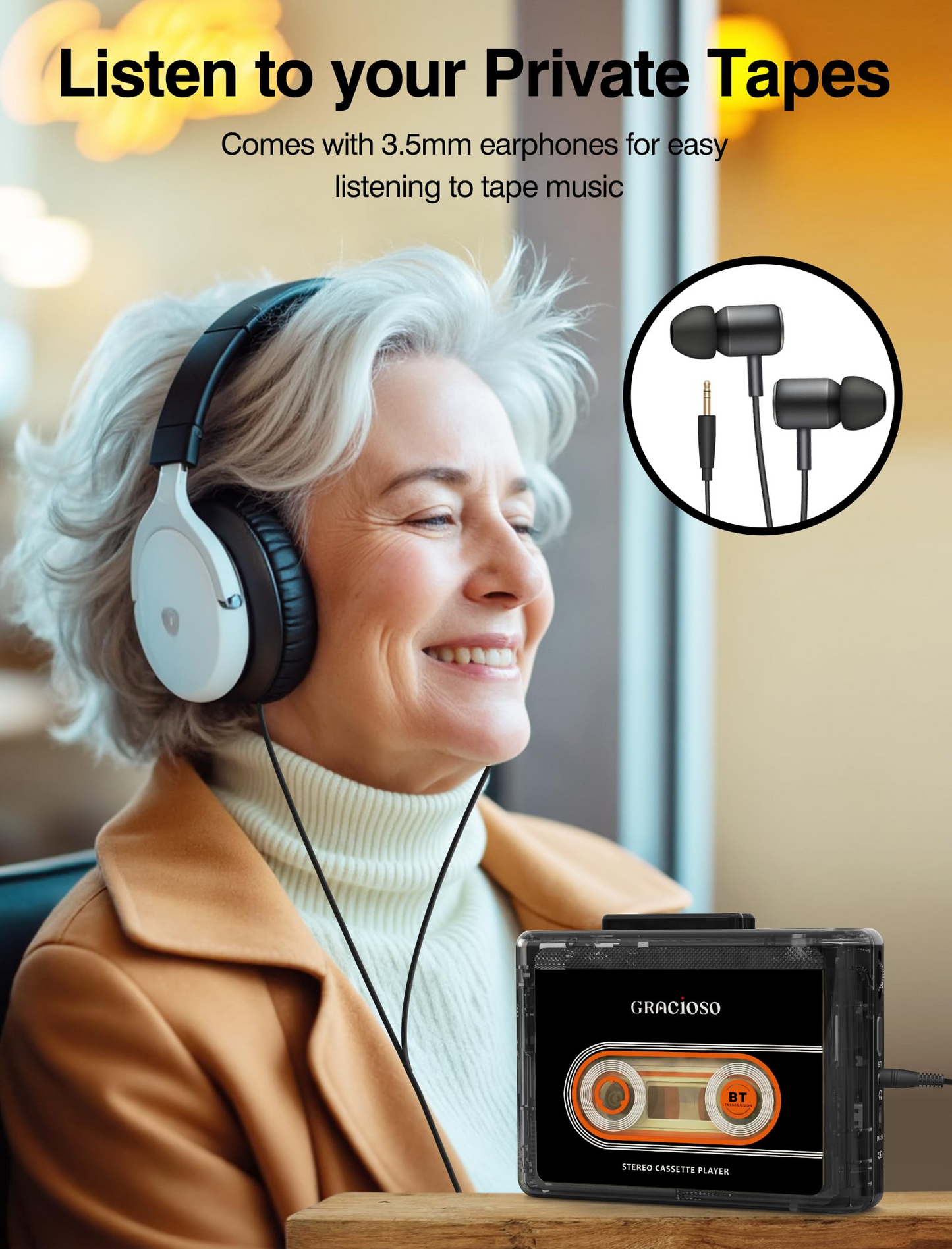Jazmm Bluetooth Cassette Tape Player - 1100mAh Rechargeable Portable Walkman with Back Clip, 3.5mm Headphones for Home Outdoor Travel