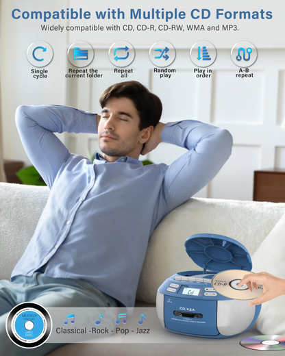 Jazmm CD Player Combo with Bluetooth, Boombox Cassette Portable CD Players, Support AM FM Radio/Remote Control/AUX/USB/Earphone, AC/Battery Operated, LCD Display for Home, Kids, Gift (Blue)