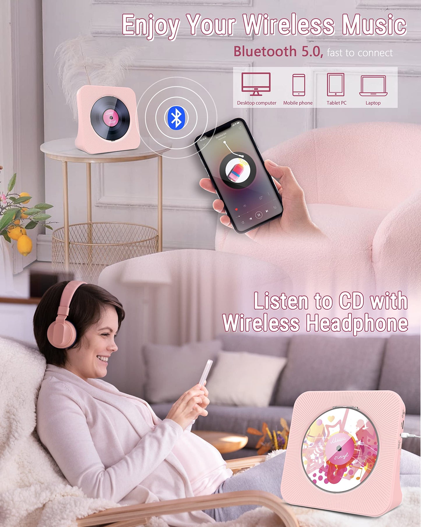 Jazmm CD Player Portable with Bluetooth, HiFi Sound Speaker, CD Music Player with Remote Control