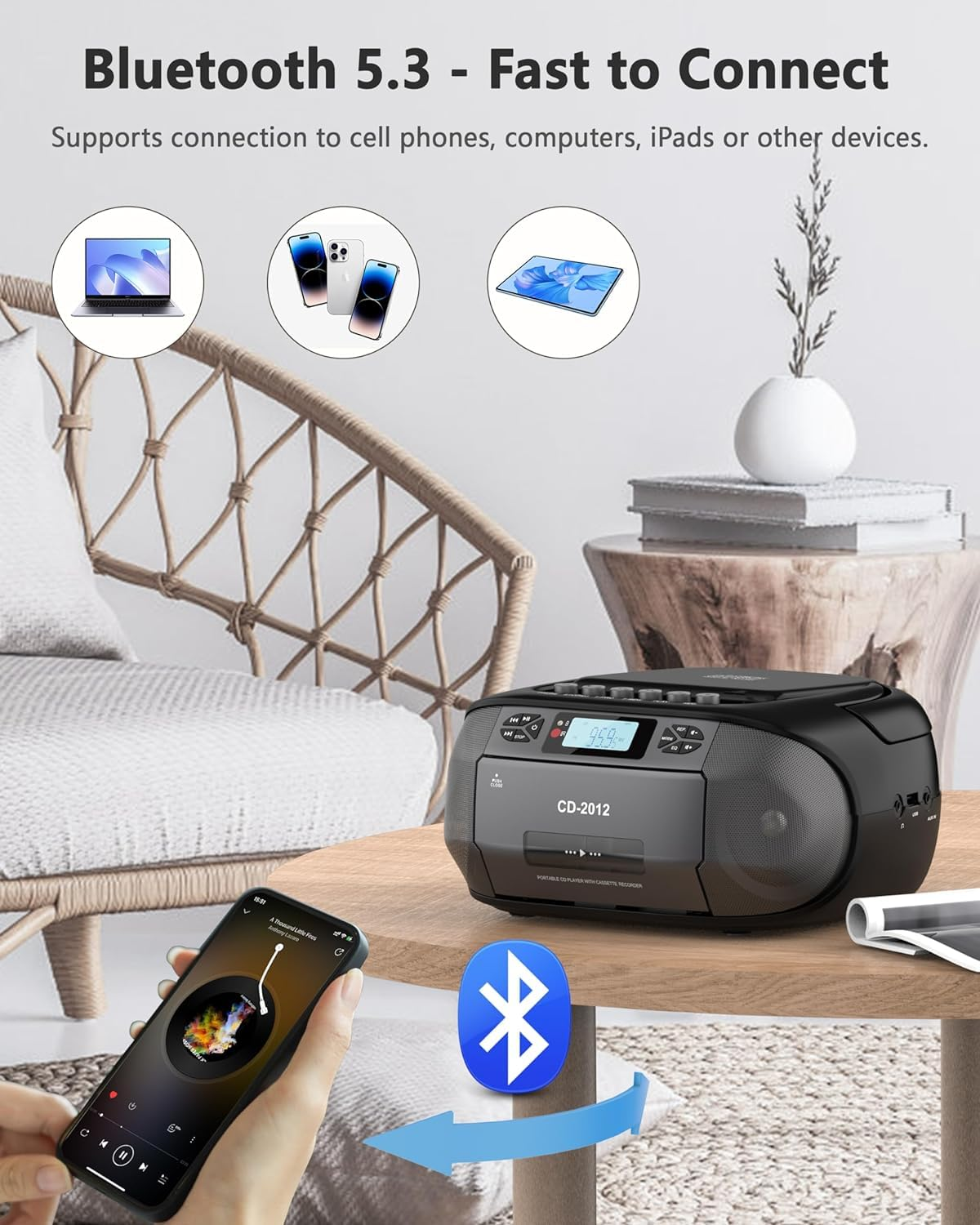 Jazmm Boombox Cassette CD Player Combo with Bluetooth5.3,FM Radio,Remote Control,Tape Recording,Dual Stereo Speakers,Built-in 4000mAh Rechargeable Battery,3.5mm Earphone Jack/AUX/USB for Home