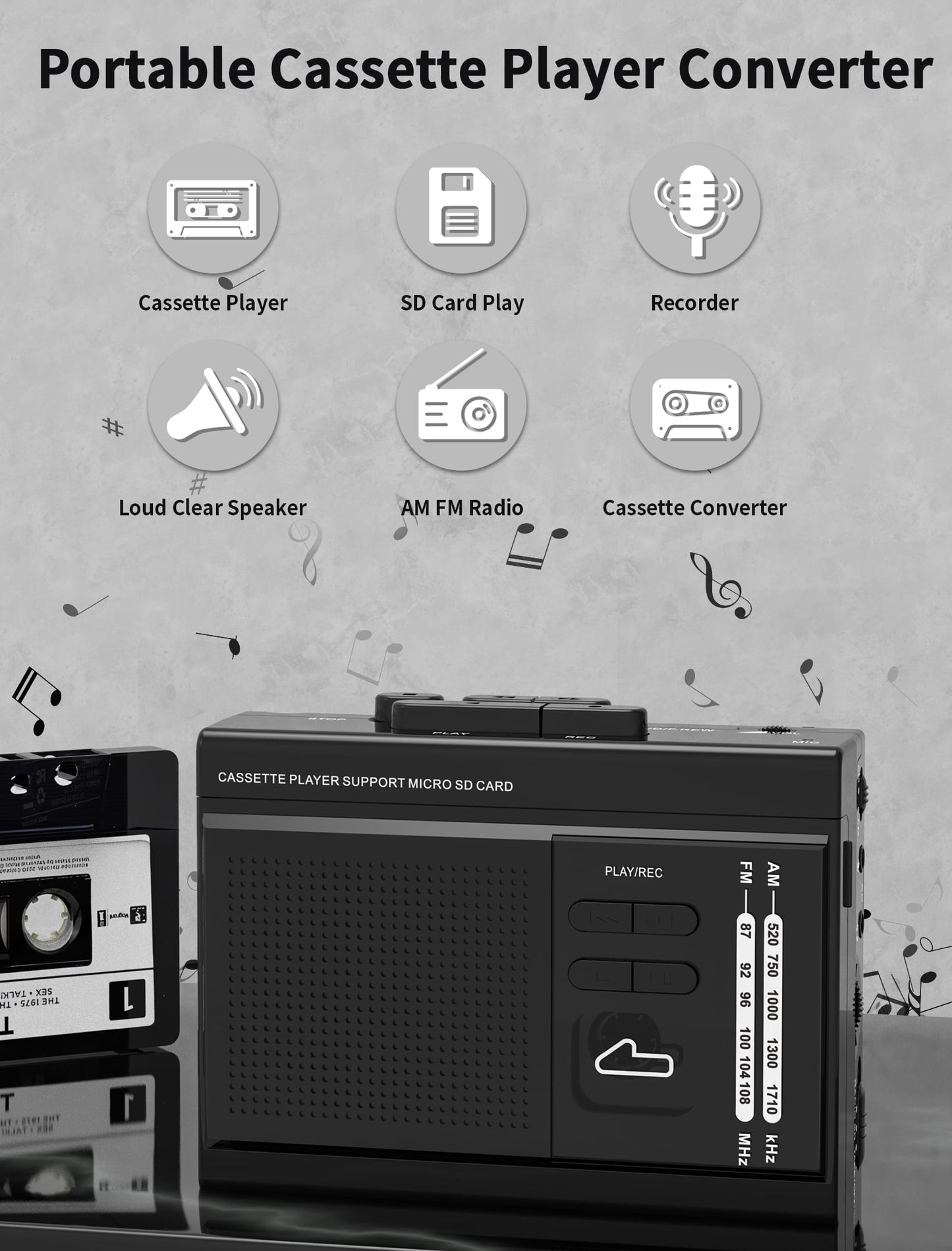 Jazmm Walkman Cassette Player, Recorder - 3-in-1 with AM/FM Radio, Cassette to MP3 Converter