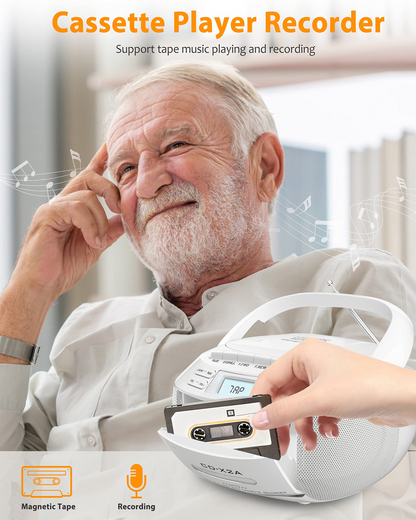 Jazmm CD Player Combo with Bluetooth, Boombox Cassette Portable CD Players, Support AM FM Radio/Remote Control/AUX/USB/Earphone, AC/Battery Operated, LCD Display for Home, Kids, Gift (White)