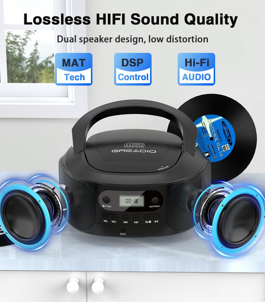 Jazmm CD Boombox Player, Portable Boombox CD Player with Good Sound, CD/CD-R/CD-RW Compatible, Programmable with AUX Input, Battery/Type-C Operated, Digital Portable CD Boombox for Kids, Seniors,Home
