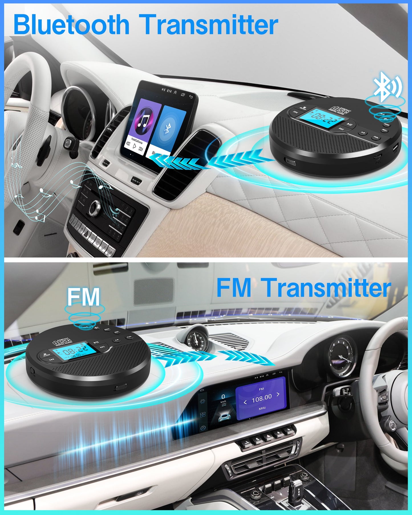 Jazmm Portable CD Player with Bluetooth 5.1, 2000mAh Rechargeable Anti-Shock Discman, MP3/CD-R/USB Playback, Backlit LCD, Sleep Timer, Includes Headphones & AUX Cable  for Car, Home