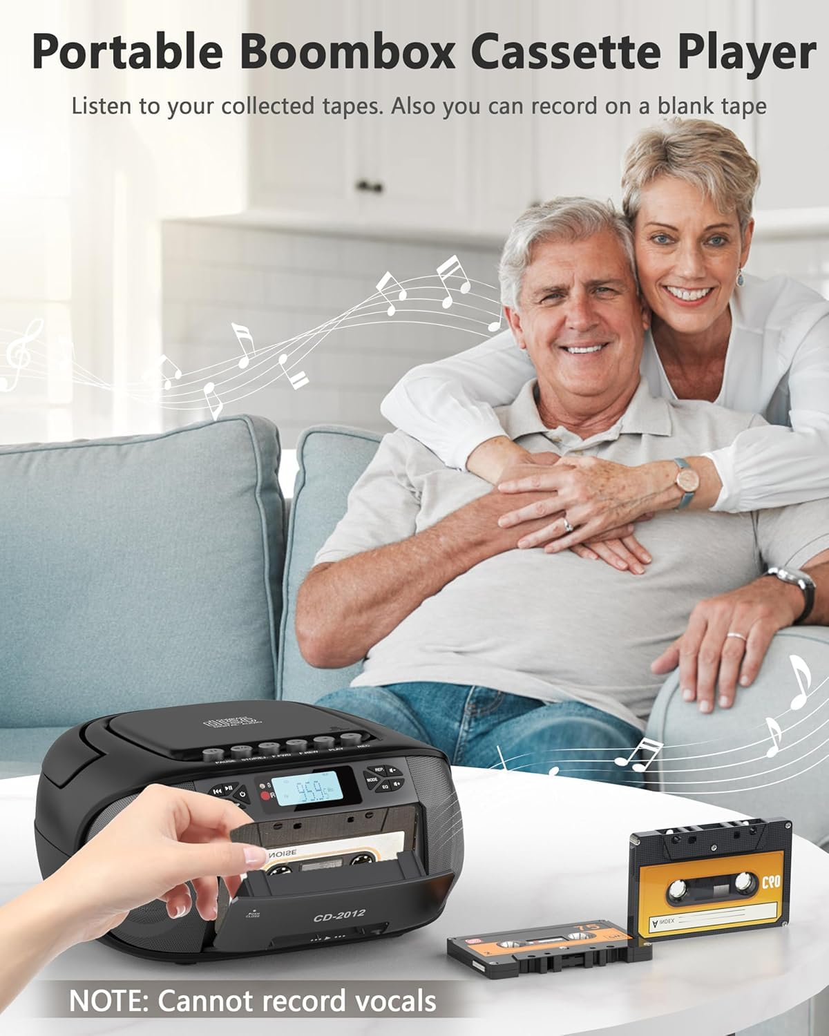 Jazmm Boombox Cassette CD Player Combo with Bluetooth5.3,FM Radio,Remote Control,Tape Recording,Dual Stereo Speakers,Built-in 4000mAh Rechargeable Battery,3.5mm Earphone Jack/AUX/USB for Home