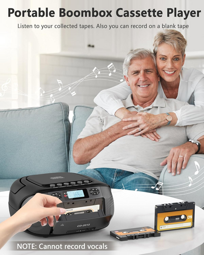 Jazmm Boombox Cassette CD Player Combo with Bluetooth5.3,FM Radio,Remote Control,Tape Recording,Dual Stereo Speakers,Built-in 4000mAh Rechargeable Battery,3.5mm Earphone Jack/AUX/USB for Home