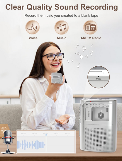 Cassette Player Recorder with Bluetooth Transmitter Walkman, Portable AM FM Cassette Player with Big Speaker, Stereo Earphone Jack, Support Microphone Recording, 2AA Battery or USB Power for Home