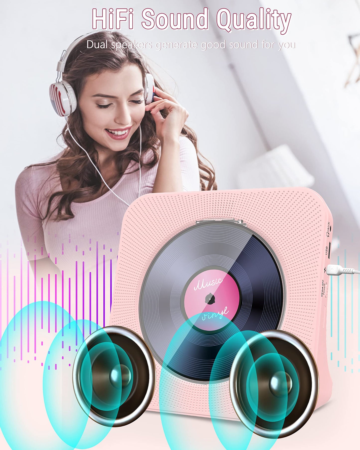 Jazmm CD Player Portable with Bluetooth, HiFi Sound Speaker, CD Music Player with Remote Control