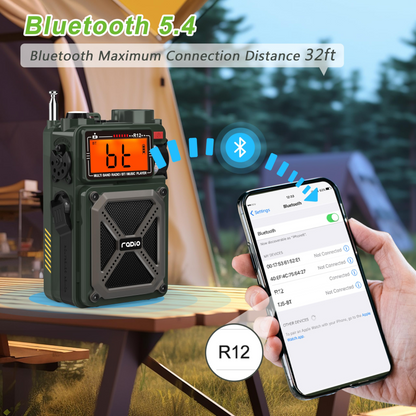 Jazmm Medium Portable Emergency Radios, Bluetooth, Battery, Hand Crank, Single Piece, Solar Emergency Radio, Green, 1 Pack