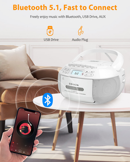 Jazmm CD Player Combo with Bluetooth, Boombox Cassette Portable CD Players, Support AM FM Radio/Remote Control/AUX/USB/Earphone, AC/Battery Operated, LCD Display for Home, Kids, Gift (White)