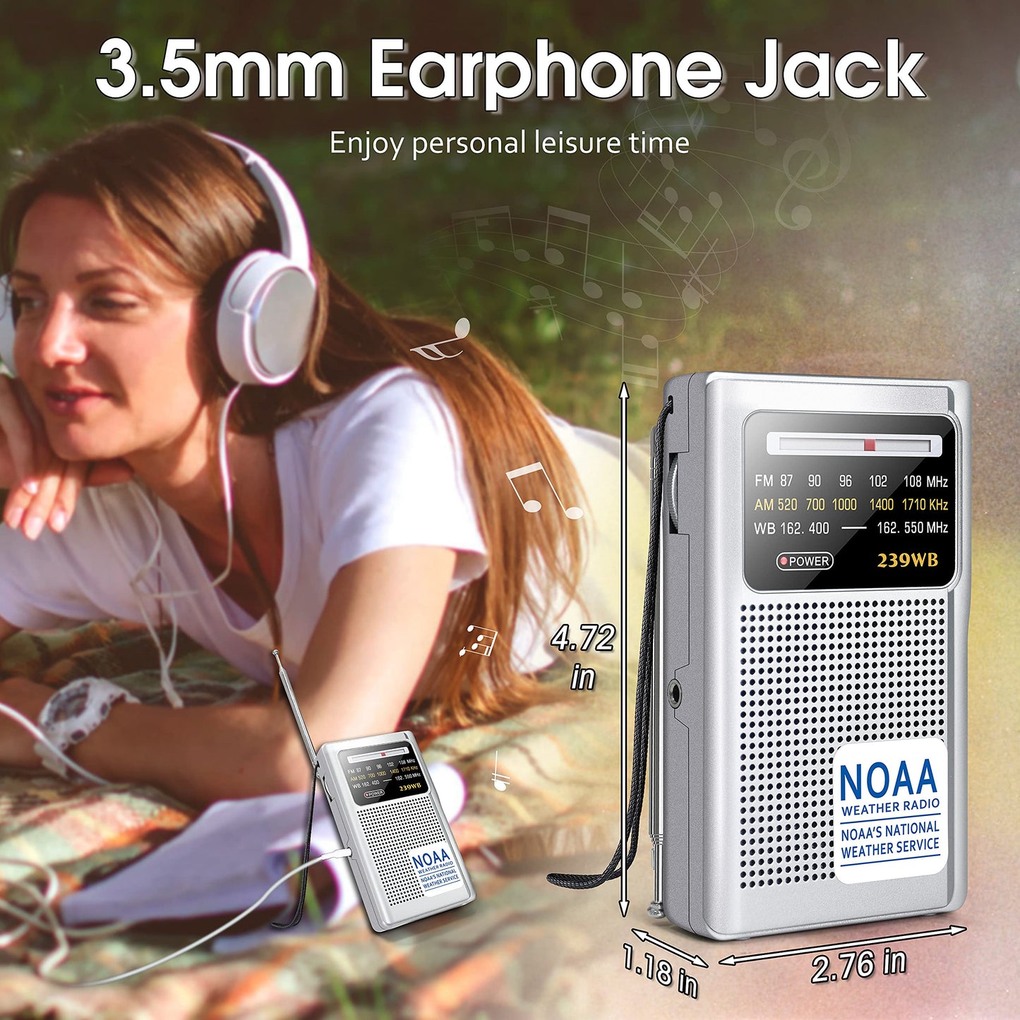 Portable NOAA Weather Radio, AM/FM Battery Operated Transistor Radio with 3.5mm Stereo Earphone Jack, Best Reception, Powered by 2 AA Batteries for Emergency, Outdoor & Home Use (Silver)