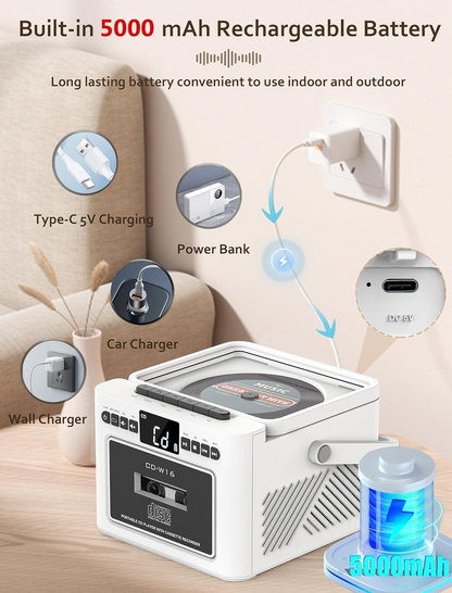 Jazmm Boombox CD Player, CD Cassette Player Combo with Bluetooth, Built-in 5000 Rechargeable Battery, 5w HiFi Speakers, FM Radio, Tape Recording, USB/AUX/Micro SD/3.5mm Headphone for Home