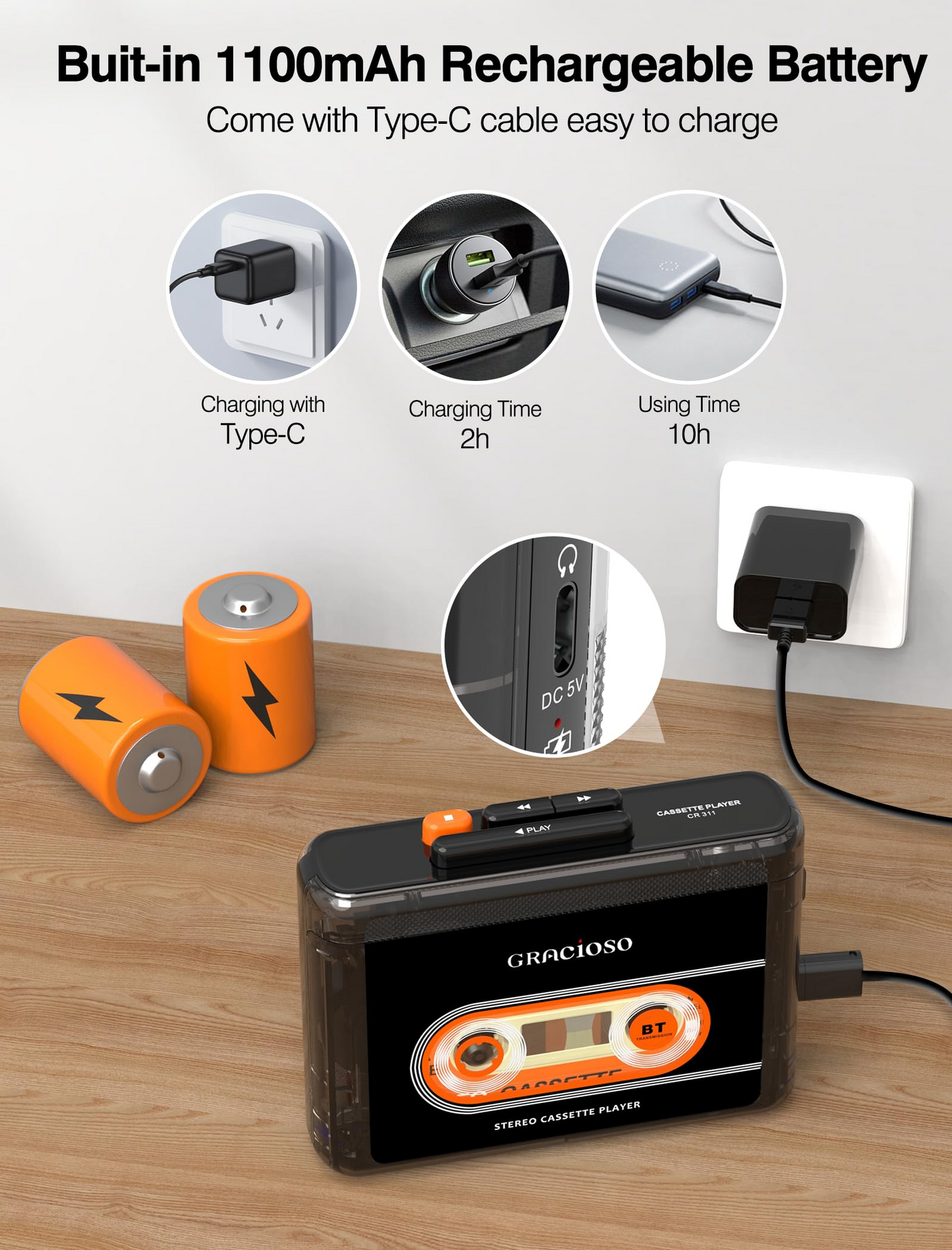 Jazmm Bluetooth Cassette Tape Player - 1100mAh Rechargeable Portable Walkman with Back Clip, 3.5mm Headphones for Home Outdoor Travel