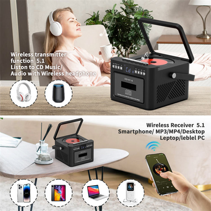 Jazmm Boombox CD Player, CD Cassette Player Combo with Bluetooth, Built-in 5000 Rechargeable Battery, 5w HiFi Speakers, FM Radio, Tape Recording, USB/AUX/Micro SD/3.5mm Headphone for Home