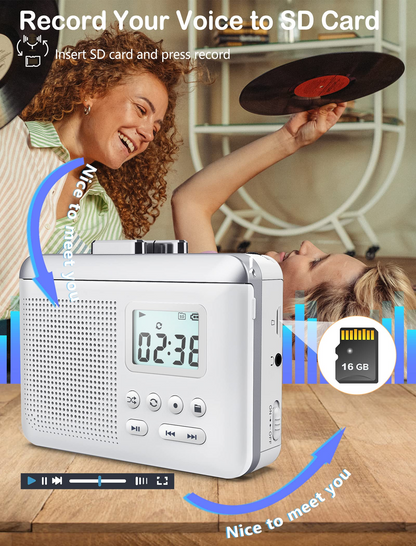 Portable Cassette Player Recorder Converter,Cassette to MP3 via SD Card,Tape Player with 1000mah Rechargeable Battery,Built-in Microphone&Speaker,Headphone Jack,16GB SD Card