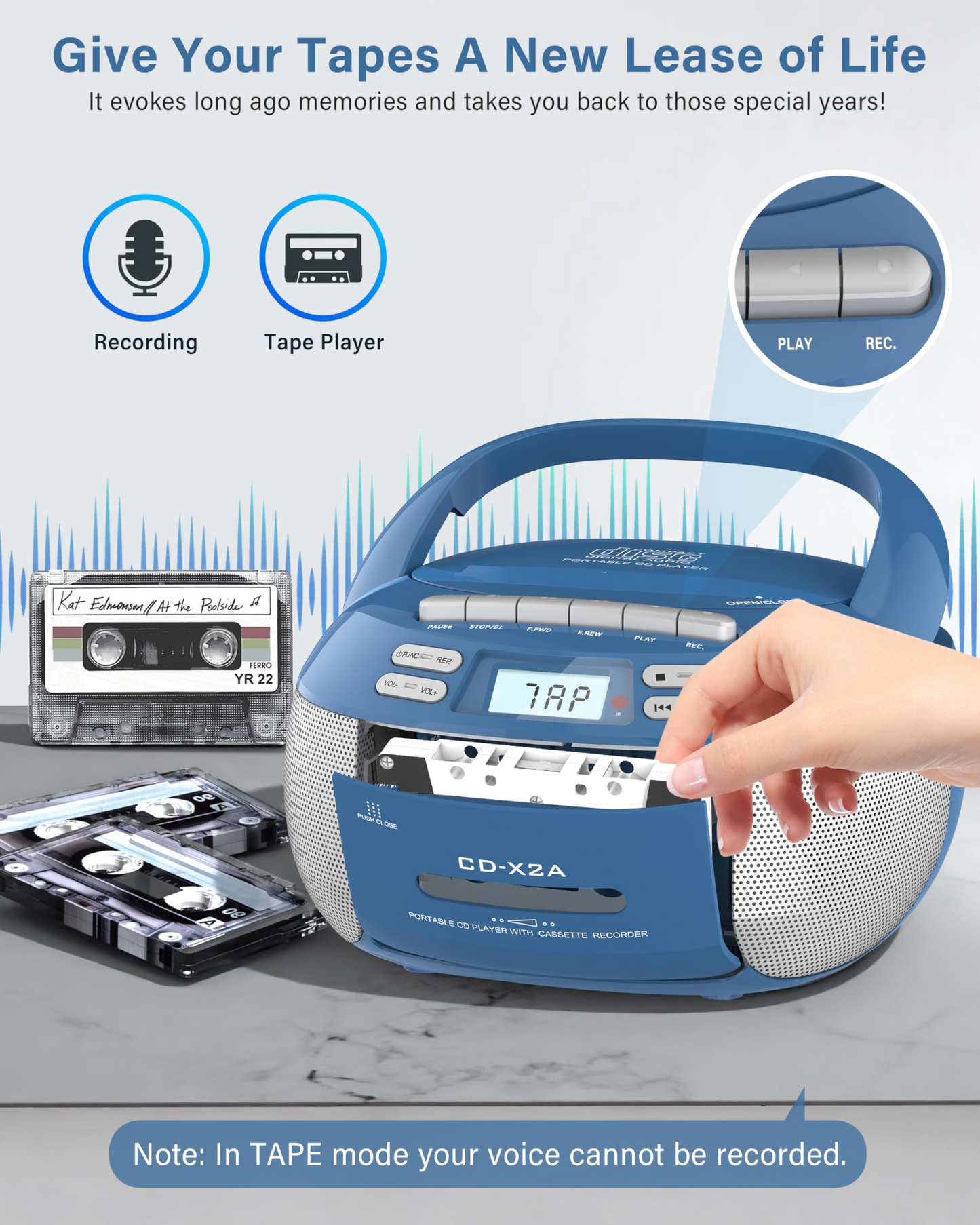 Jazmm Boombox Cassette CD Player Combo with Bluetooth, AM/FM Radio Remote Control, Tape Recording, Stereo Sound, Usb, Speakers, for Home, Music