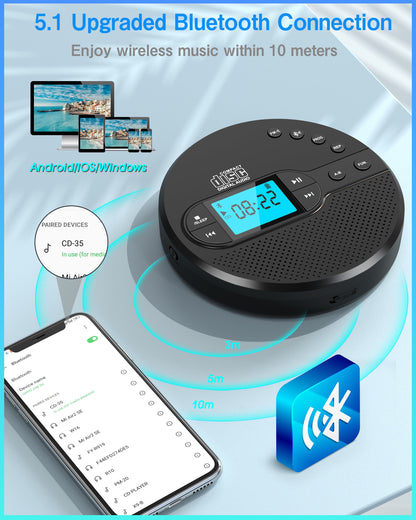 Jazmm Portable CD Player with Bluetooth 5.1, 2000mAh Rechargeable Anti-Shock Discman, MP3/CD-R/USB Playback, Backlit LCD, Sleep Timer, Includes Headphones & AUX Cable  for Car, Home