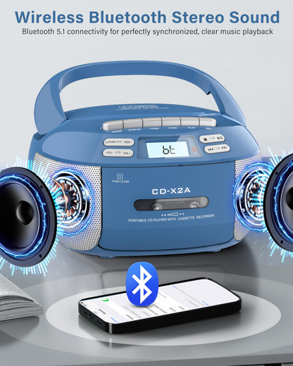 Jazmm CD Player Combo with Bluetooth, Boombox Cassette Portable CD Players, Support AM FM Radio/Remote Control/AUX/USB/Earphone, AC/Battery Operated, LCD Display for Home, Kids, Gift (Blue)