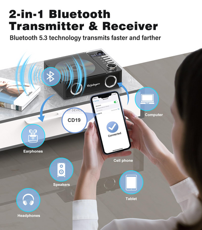 Jazmm CD Player with Bluetooth 5.3, 4000mAh Rechargeable CD Player with Remote Control, FM Radio, CD Player with Speakers for Home, CD Player for Car, Supports USB, TF, AUX, Optical Input