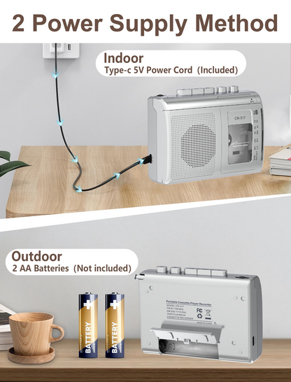 Cassette Player Recorder with Bluetooth Transmitter Walkman, Portable AM FM Cassette Player with Big Speaker, Stereo Earphone Jack, Support Microphone Recording, 2AA Battery or USB Power for Home