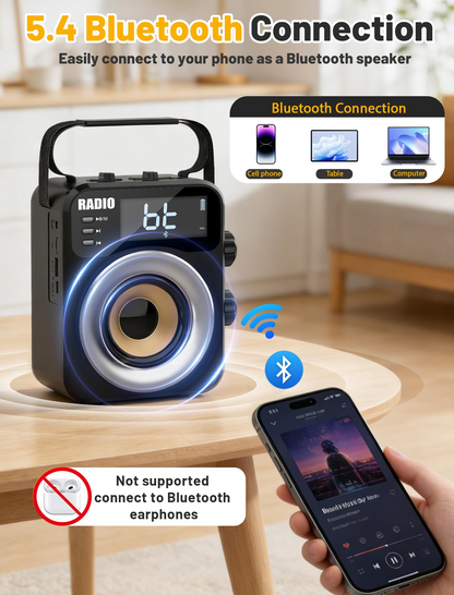 New 2026 Portable Radio AM FM WB SW with NOAA Alert, Bluetooth 5.4 Digital Radio, 4000mAh Rechargeable Battery/DC D*3 Cell Battery Operated, 10W Speaker, USB/TF Playback, LCD Display, Black