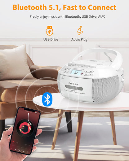 Jazmm Boombox Cassette CD Player Combo with Bluetooth, AM/FM Radio Remote Control, Tape Recording, Stereo Sound, for Home, Music