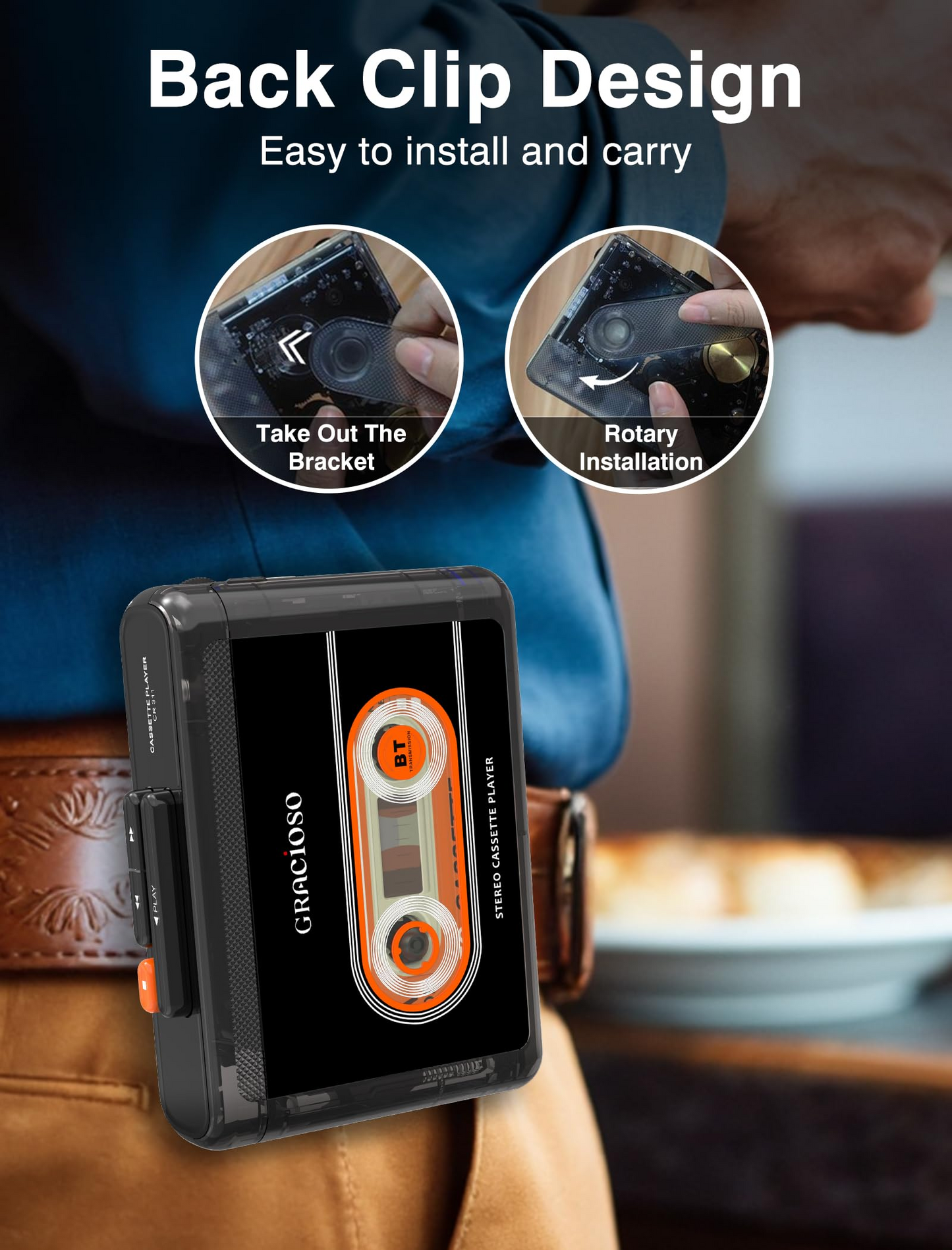 Jazmm Bluetooth Cassette Tape Player - 1100mAh Rechargeable Portable Walkman with Back Clip, 3.5mm Headphones for Home Outdoor Travel