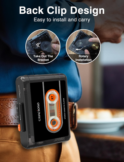 Jazmm Bluetooth Cassette Tape Player - 1100mAh Rechargeable Portable Walkman with Back Clip, 3.5mm Headphones for Home Outdoor Travel