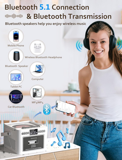 Jazmm Boombox CD Player, CD Cassette Player Combo with Bluetooth, Built-in 5000 Rechargeable Battery, 5w HiFi Speakers, FM Radio, Tape Recording, USB/AUX/Micro SD/3.5mm Headphone for Home