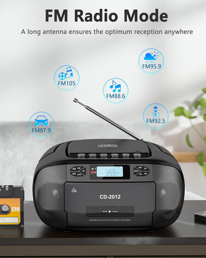 Jazmm Boombox Cassette CD Player Combo with Bluetooth5.3,FM Radio,Remote Control,Tape Recording,Dual Stereo Speakers,Built-in 4000mAh Rechargeable Battery,3.5mm Earphone Jack/AUX/USB for Home
