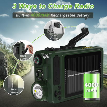 Jazmm Medium Portable Emergency Radios, Bluetooth, Battery, Hand Crank, Single Piece, Solar Emergency Radio, Green, 1 Pack