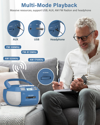 Jazmm CD Player Combo with Bluetooth, Boombox Cassette Portable CD Players, Support AM FM Radio/Remote Control/AUX/USB/Earphone, AC/Battery Operated, LCD Display for Home, Kids, Gift (Blue)