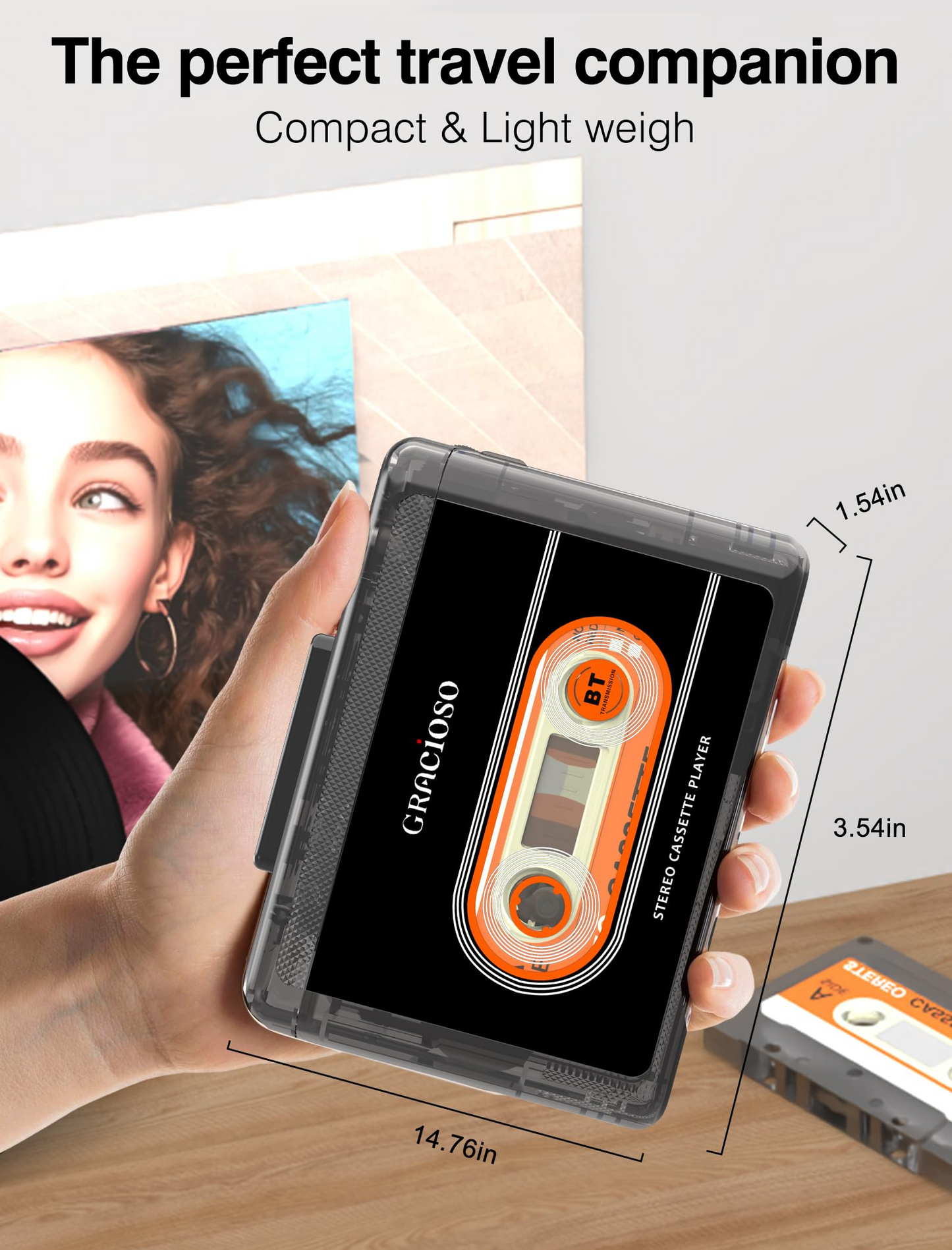 Jazmm Bluetooth Cassette Tape Player - 1100mAh Rechargeable Portable Walkman with Back Clip, 3.5mm Headphones for Home Outdoor Travel