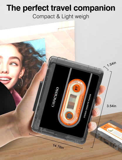 Jazmm Bluetooth Cassette Tape Player - 1100mAh Rechargeable Portable Walkman with Back Clip, 3.5mm Headphones for Home Outdoor Travel