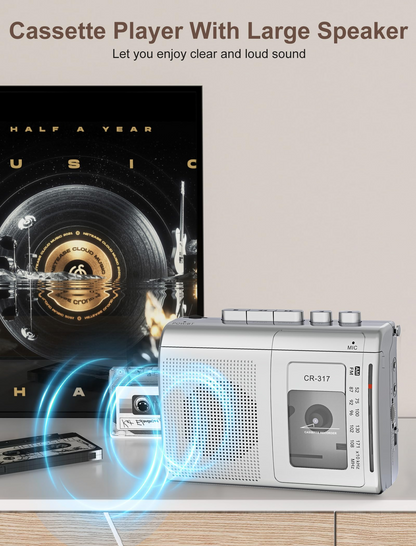 Cassette Player Recorder with Bluetooth Transmitter Walkman, Portable AM FM Cassette Player with Big Speaker, Stereo Earphone Jack, Support Microphone Recording, 2AA Battery or USB Power for Home