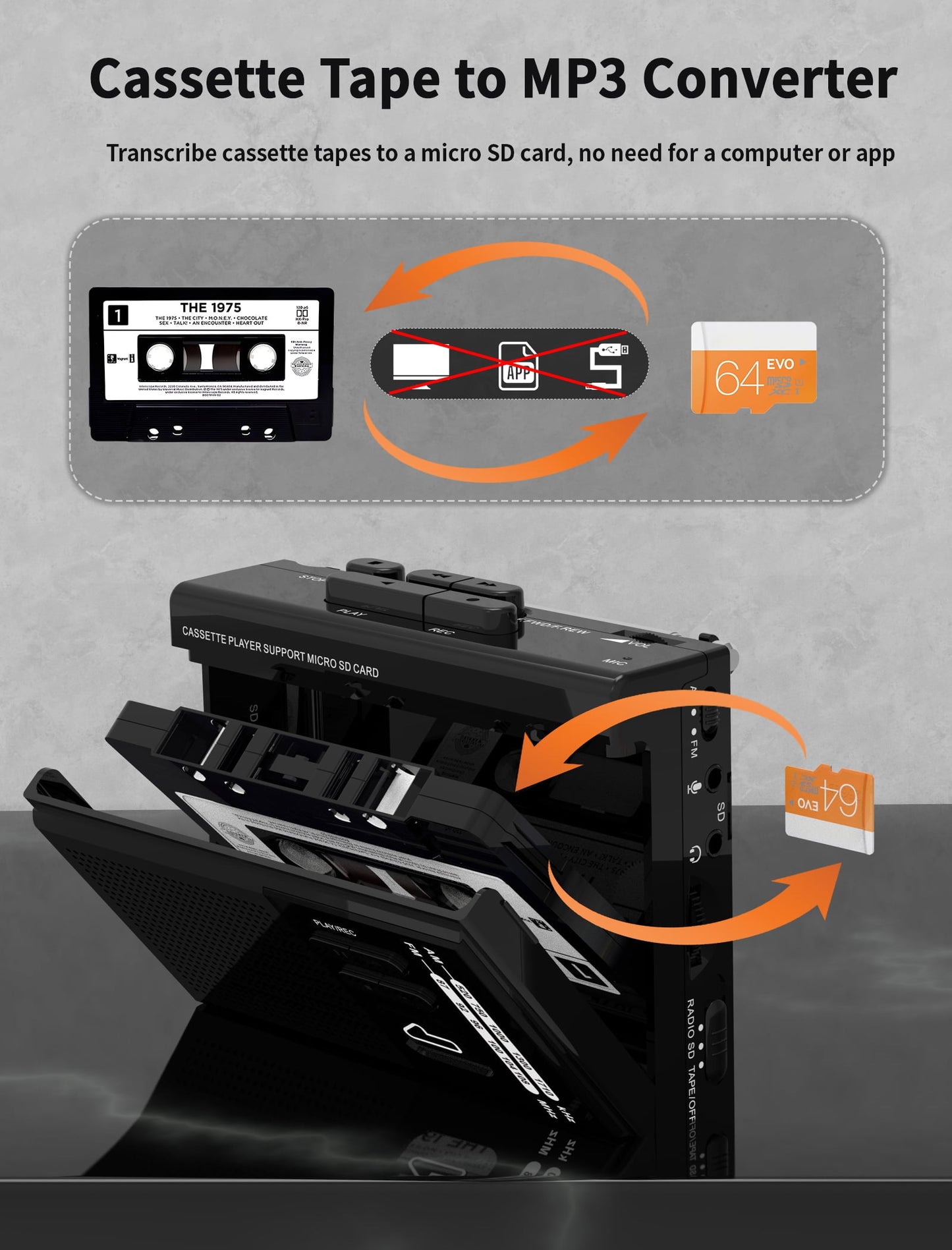 Jazmm Walkman Cassette Player, Recorder - 3-in-1 with AM/FM Radio, Cassette to MP3 Converter