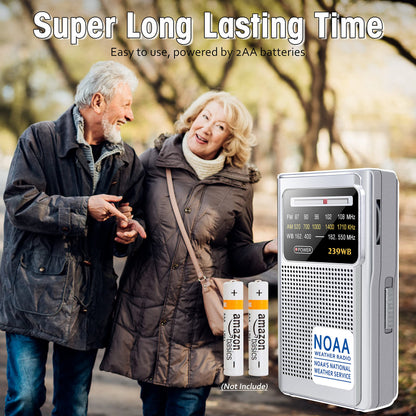 Portable NOAA Weather Radio, AM/FM Battery Operated Transistor Radio with 3.5mm Stereo Earphone Jack, Best Reception, Powered by 2 AA Batteries for Emergency, Outdoor & Home Use (Silver)