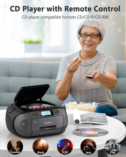 Jazmm Boombox Cassette CD Player Combo with Bluetooth5.3,FM Radio,Remote Control,Tape Recording,Dual Stereo Speakers,Built-in 4000mAh Rechargeable Battery,3.5mm Earphone Jack/AUX/USB for Home