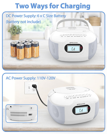 Boombox CD Player, Portable FM Radio CD Player with Bluetooth 5.1, LCD Display, AC Cord/Dry Battery Operation, TF/USB/AUX Port, Headphone Jack, CD-R/CD-RW Compatible for Home,Senior,Kids