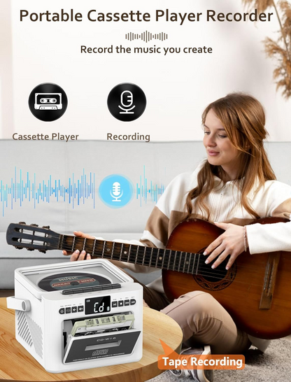 Jazmm Boombox CD Player, CD Cassette Player Combo with Bluetooth, Built-in 5000 Rechargeable Battery, 5w HiFi Speakers, FM Radio, Tape Recording, USB/AUX/Micro SD/3.5mm Headphone for Home