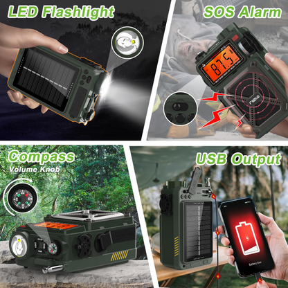 Jazmm Medium Portable Emergency Radios, Bluetooth, Battery, Hand Crank, Single Piece, Solar Emergency Radio, Green, 1 Pack