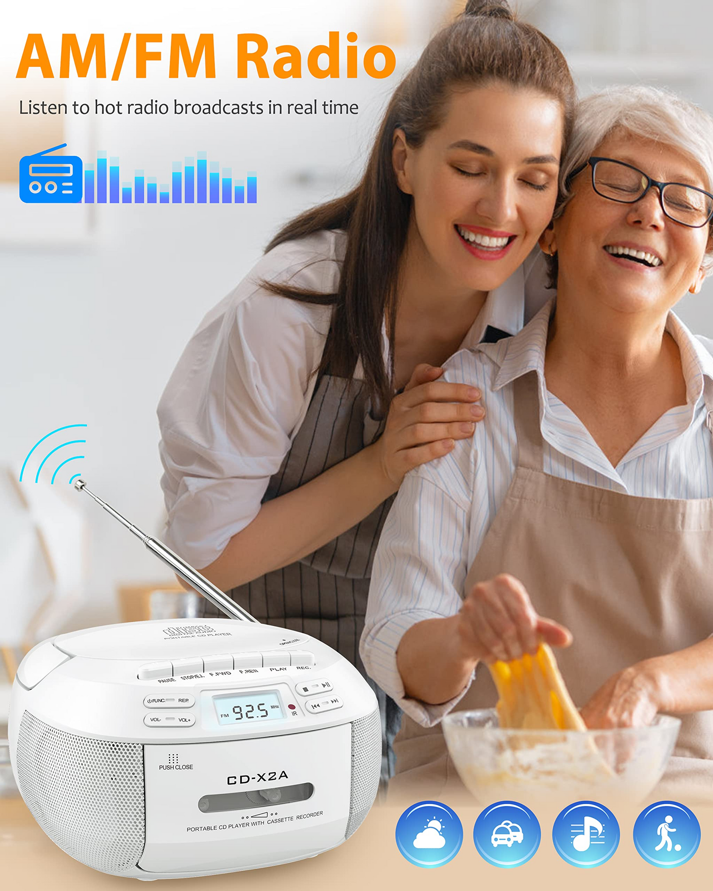 Jazmm CD Player Combo with Bluetooth, Boombox Cassette Portable CD Players, Support AM FM Radio/Remote Control/AUX/USB/Earphone, AC/Battery Operated, LCD Display for Home, Kids, Gift (White)