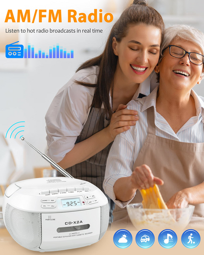 Jazmm CD Player Combo with Bluetooth, Boombox Cassette Portable CD Players, Support AM FM Radio/Remote Control/AUX/USB/Earphone, AC/Battery Operated, LCD Display for Home, Kids, Gift (White)