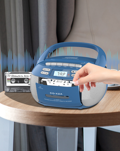 Jazmm CD Player Combo with Bluetooth, Boombox Cassette Portable CD Players, Support AM FM Radio/Remote Control/AUX/USB/Earphone, AC/Battery Operated, LCD Display for Home, Kids, Gift (Blue)