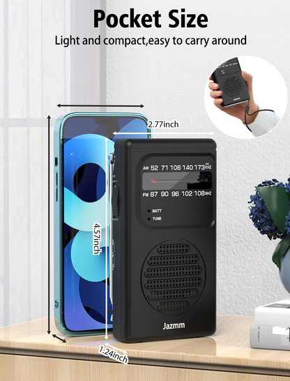 Jazmm Portable AM FM Radio, Battery Operated with 3W Speaker, Flashlight & Earphone Jack, Ideal Gift for All