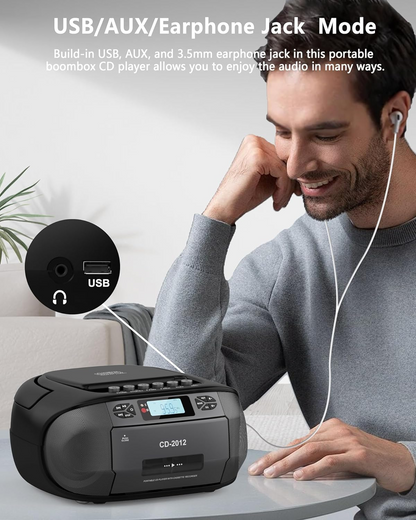 Jazmm Boombox Cassette CD Player Combo with Bluetooth5.3,FM Radio,Remote Control,Tape Recording,Dual Stereo Speakers,Built-in 4000mAh Rechargeable Battery,3.5mm Earphone Jack/AUX/USB for Home