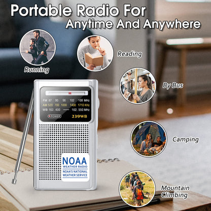 Portable NOAA Weather Radio, AM/FM Battery Operated Transistor Radio with 3.5mm Stereo Earphone Jack, Best Reception, Powered by 2 AA Batteries for Emergency, Outdoor & Home Use (Silver)