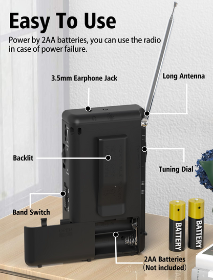 Jazmm Portable AM FM Radio, Battery Operated with 3W Speaker, Flashlight & Earphone Jack, Ideal Gift for All