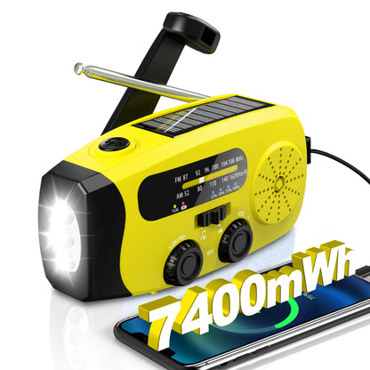 Jazmm Hand Crank Emergency Radio, 7400mWh NOAA/AM/FM Portable Radio, Solar Emergency Radio, Weather Alert, Flashlight for Emergency, Power Bank Cellphone Charger（Yellow）