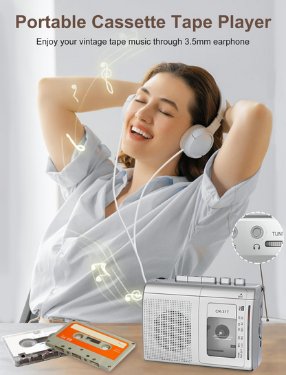 Cassette Player Recorder with Bluetooth Transmitter Walkman, Portable AM FM Cassette Player with Big Speaker, Stereo Earphone Jack, Support Microphone Recording, 2AA Battery or USB Power for Home